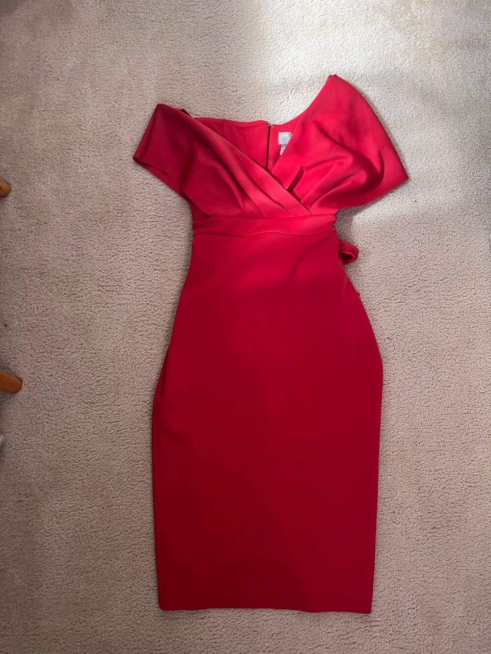 NEW ASOS Red Off-The-Shoulder Wrap Bodice Midi Pencil Sheath Dress Sz US 12 FLAW